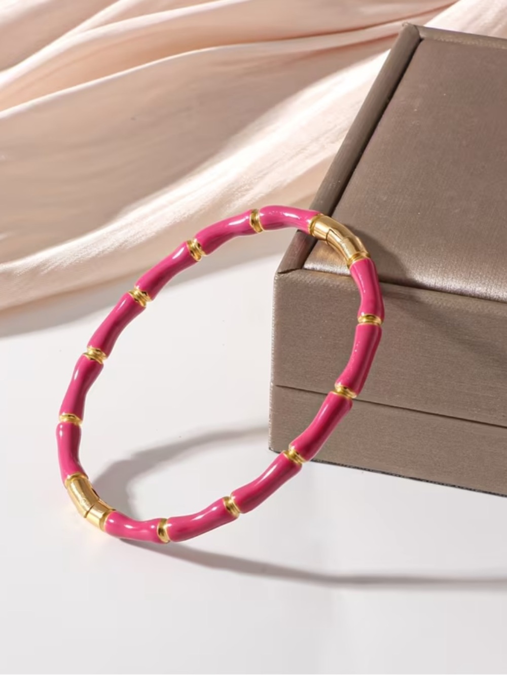 Gold and Pink Bamboo-Style Women's Bangle Bracelet